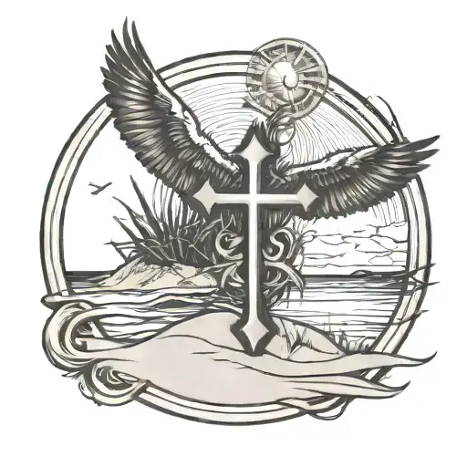 CERCLE AVEC UNE PLAGE DE SABLE AVEC UNE CROIX CHRETIENNE. AU DESSUS DE CE CERCLE IL YA DES AILES D'ANGE tattoo design idea