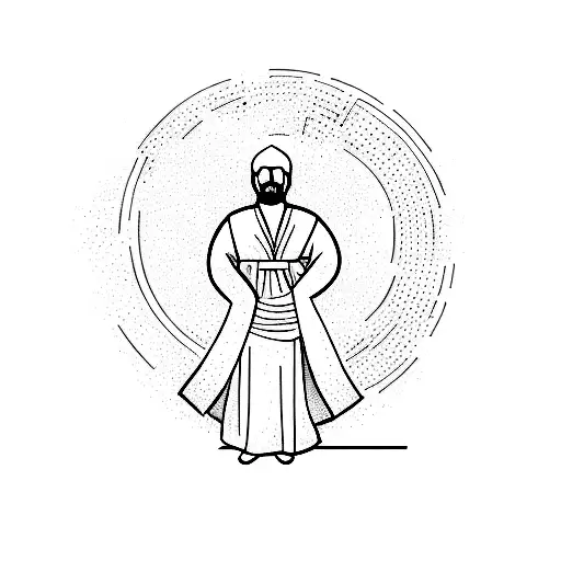 a man in a purple robe standing in front of a purple circle tattoo design idea