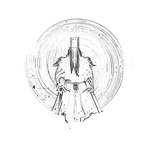 a man in a purple robe standing in front of a purple circle tattoo design idea