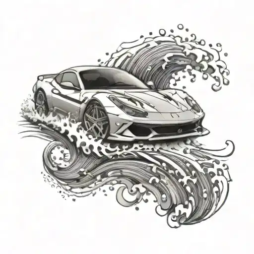 An abstract ocean wave design incorporating elements of a Ferrari car tattoo design idea