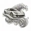 An abstract ocean wave design incorporating elements of a Ferrari car tattoo design idea