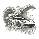 An abstract ocean wave design incorporating elements of a Ferrari car tattoo design idea