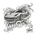 An abstract ocean wave design incorporating elements of a Ferrari car tattoo design idea