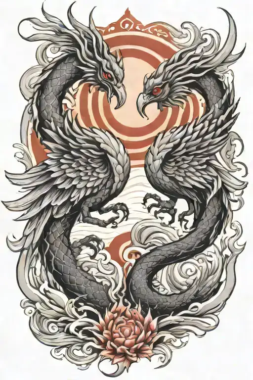 Scorpio and pheonix with japanese water In background  tattoo design idea