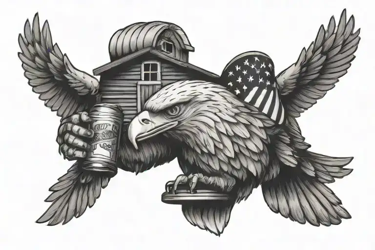 birdhouse, eagle, beer can, American flag waving tattoo design idea