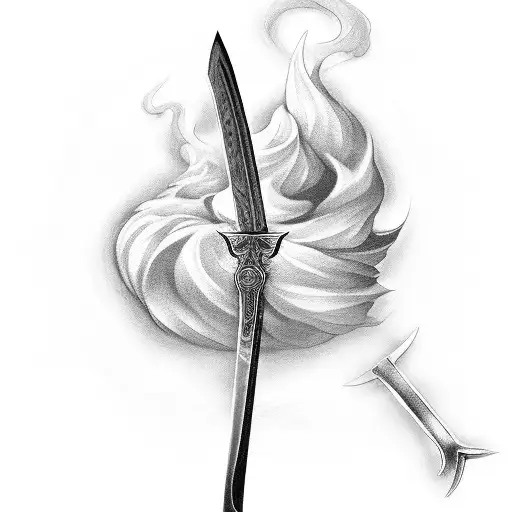 A black-grey tattoo of a baker's rolling pin crossed with a sword, representing the client's passion for both baking and weaponry tattoo design idea