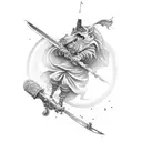 A black-grey tattoo of a baker's rolling pin crossed with a sword, representing the client's passion for both baking and weaponry tattoo design idea