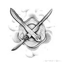 A black-grey tattoo of a baker's rolling pin crossed with a sword, representing the client's passion for both baking and weaponry tattoo design idea
