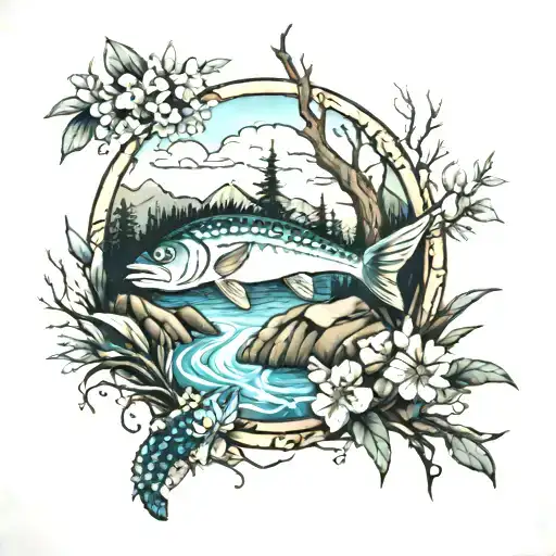 creek fishing scenery tattoo tattoo design idea