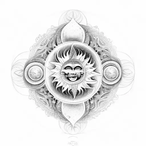 An intricate mandala design featuring the sun and moon in a yin-yang arrangement tattoo design idea