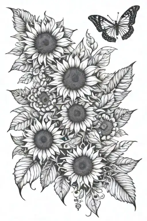 Sunflower, peppermint, daisy, tulsi, damask rose, echinacea, marshmallow and helychris tattoo design idea