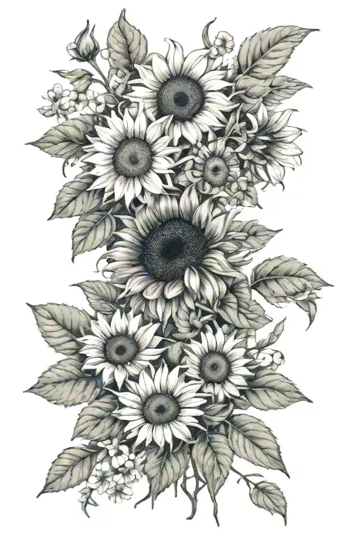 Sunflower, peppermint, daisy, tulsi, damask rose, echinacea, marshmallow and helychris tattoo design idea