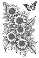 Sunflower, peppermint, daisy, tulsi, damask rose, echinacea, marshmallow and helychris tattoo design idea
