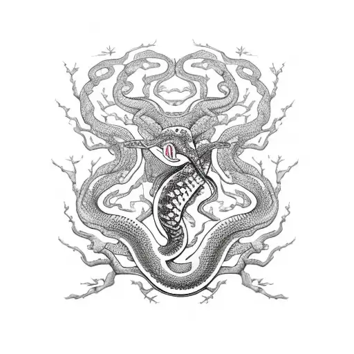 A red snake that is twisted with black branches and leaves tattoo design idea