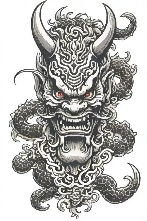 oni mask split in half tattoo design idea