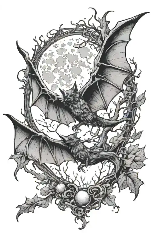 Upside down bat hanging from tree with moon behind wings opened  tattoo design idea