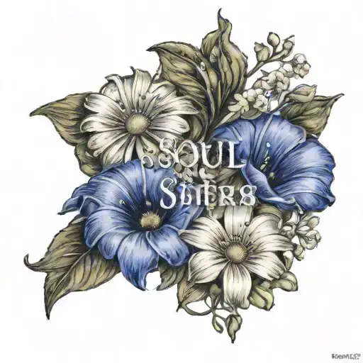 the word "Soul Sisters" surrounded by Daisys and morning glory flowers  tattoo design idea