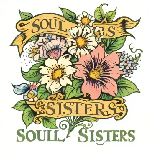 the word "Soul Sisters" surrounded by Daisys and morning glory flowers  tattoo design idea