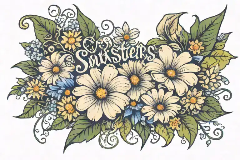 the word "Soul Sisters" surrounded by Daisys and morning glory flowers  tattoo design idea