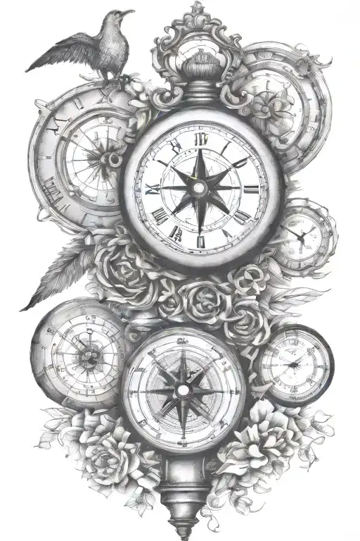 wisdom courage bravery honor compass rose clock mindfullness tattoo design idea