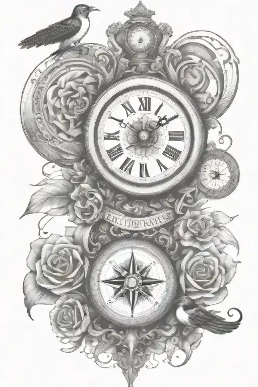 wisdom courage clock compass rose clean lines swallow waiting for love tattoo design idea