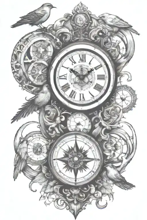 wisdom courage clock compass rose clean lines swallow waiting for love tattoo design idea