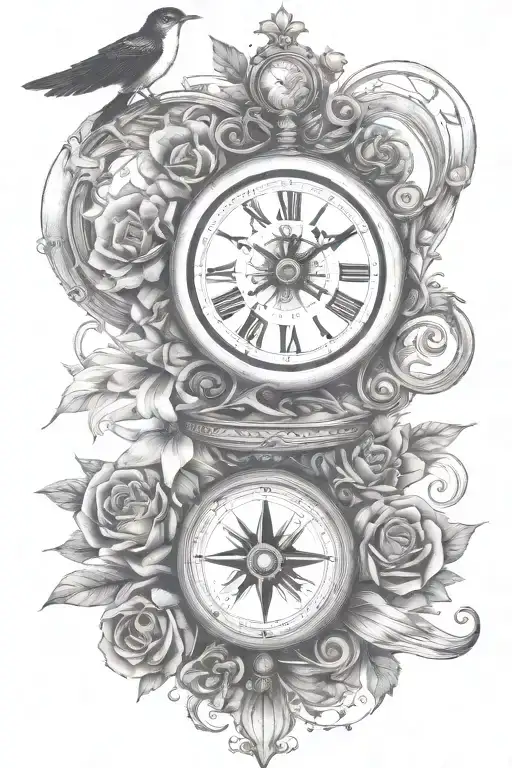 wisdom courage clock compass rose clean lines swallow waiting for love follow your own path tattoo design idea