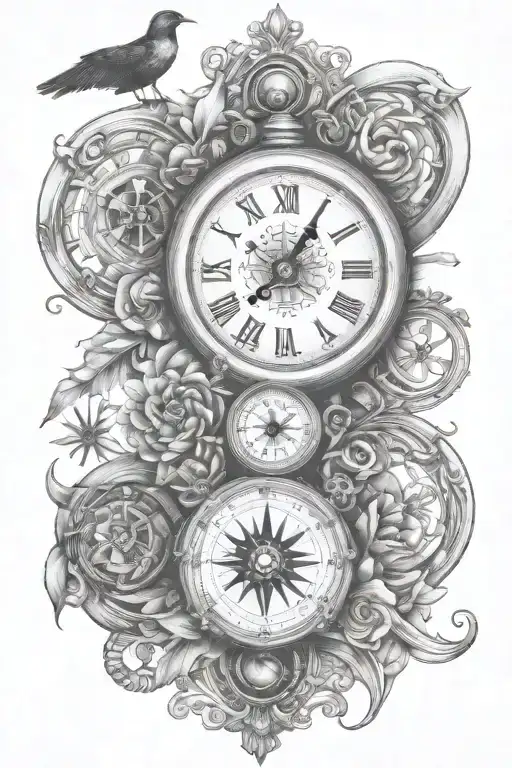 wisdom courage clock compass rose tattoo design idea