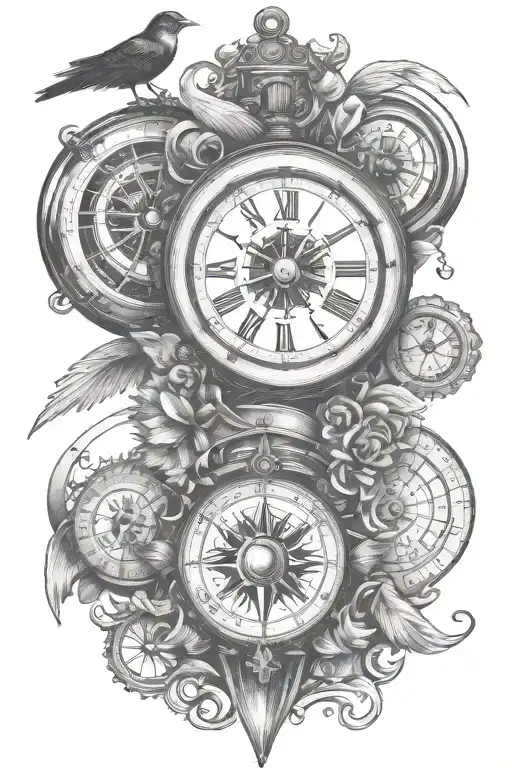 wisdom courage clock compass rose clean lines swallow tattoo design idea