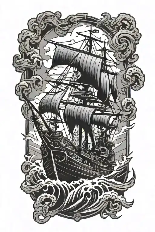 ship and kraken attacking a ship sailing through stormy tattoo design idea