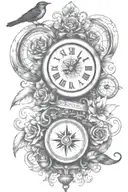 wisdom courage clock compass rose clean lines swallow waiting for love follow your own path tattoo design idea