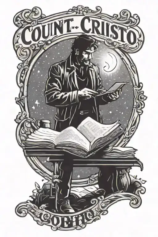 A silhouette of a blue-collar worker reading under a starry night sky, with the title of The Count of Monte Cristo subtly incorporated into the design tattoo design idea