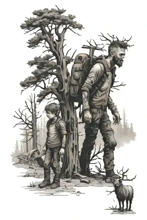 Father and son shelter in a bleak post-apocalyptic landscape as a forest of dried and dead pine trees crash around them tattoo design idea