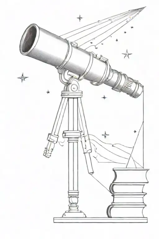 A telescope with intricate details pointing towards a galaxy filled with books instead of stars tattoo design idea