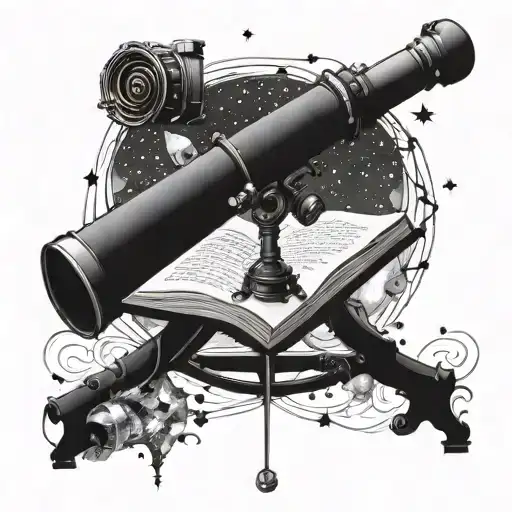 A telescope with intricate details pointing towards a galaxy filled with books instead of stars tattoo design idea