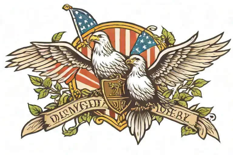 dove with an olive branch holding a shield and a eagle with a American flag  tattoo design idea