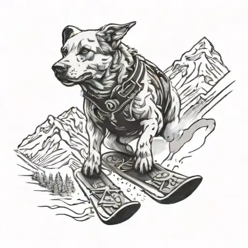 A snowboarding dog carving through the mountains tattoo design idea
