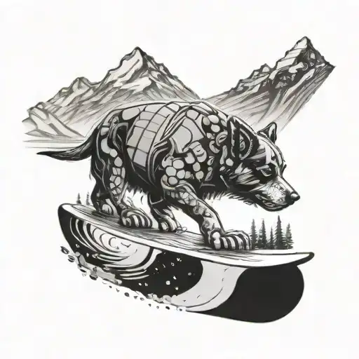 A snowboarding dog carving through the mountains tattoo design idea