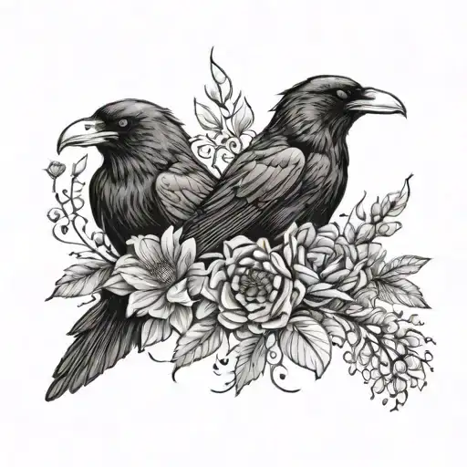 two ravens and flowers and pinecone tattoo design idea