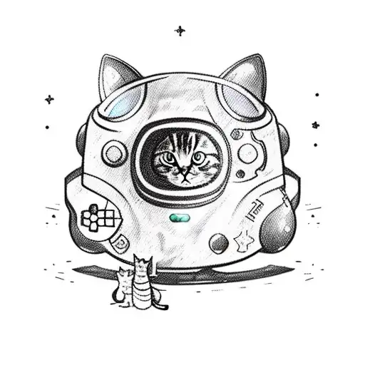 A whimsical sketch-style tattoo of a cat dressed as a space explorer, holding a gaming console controller while walking along a sandy beach dotted with seashells. tattoo design idea