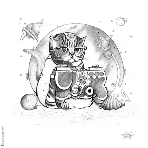 A whimsical sketch-style tattoo of a cat dressed as a space explorer, holding a gaming console controller while walking along a sandy beach dotted with seashells. tattoo design idea