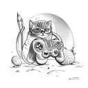 A whimsical sketch-style tattoo of a cat dressed as a space explorer, holding a gaming console controller while walking along a sandy beach dotted with seashells. tattoo design idea