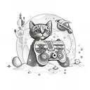 A whimsical sketch-style tattoo of a cat dressed as a space explorer, holding a gaming console controller while walking along a sandy beach dotted with seashells. tattoo design idea