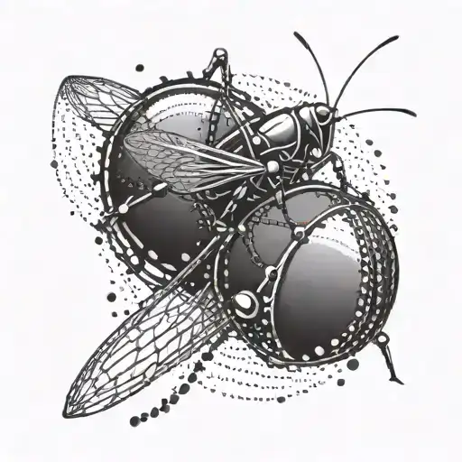 An abstract tattoo featuring a cricket ball morphing into a machine in a dotwork style tattoo design idea