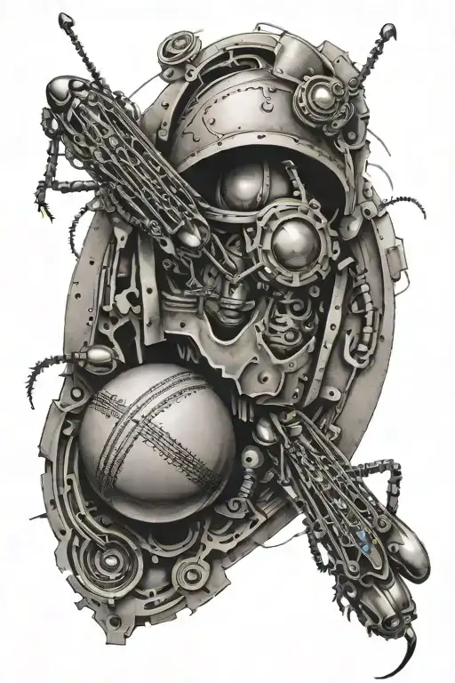 An abstract tattoo featuring a cricket ball morphing into a machine in a dotwork style tattoo design idea