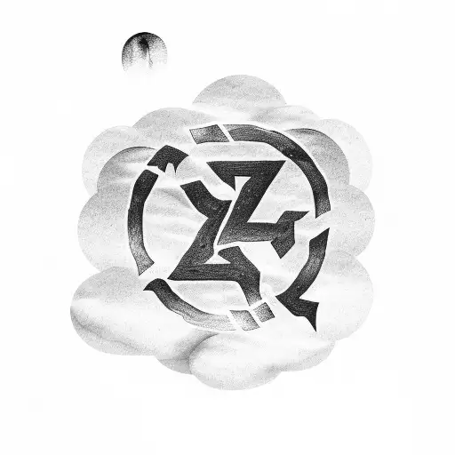 strength in icelandic writing on a stone rune with clouds surrounding it with mountains in the background  tattoo design idea