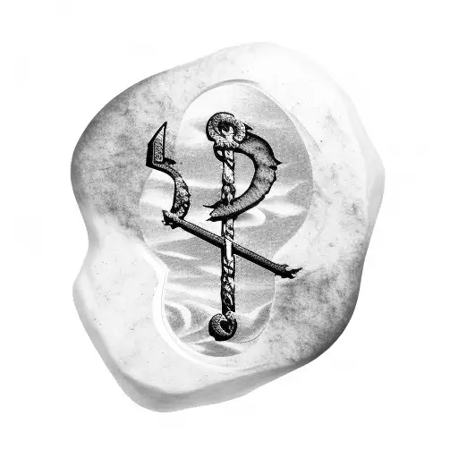 strength in icelandic writing on a stone rune with clouds surrounding it tattoo design idea