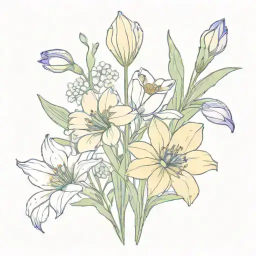 Bouquet of flowers with snowdrop, iris, violet, larkspur, water lily, poppy, lily of the valley, thistle, cosmos, peony  tattoo design idea