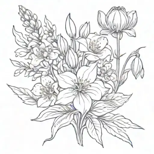 Bouquet of flowers with snowdrop, iris, violet, larkspur, water lily, poppy, lily of the valley, thistle, cosmos, peony tattoo design idea