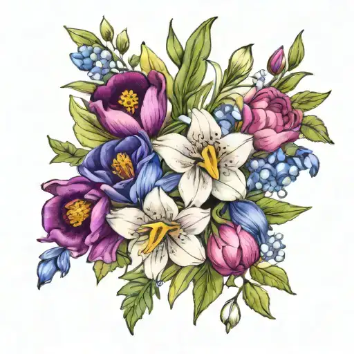Bouquet of flowers with snowdrop, iris, violet, larkspur, water lily, poppy, lily of the valley, thistle, cosmos, peony  tattoo design idea